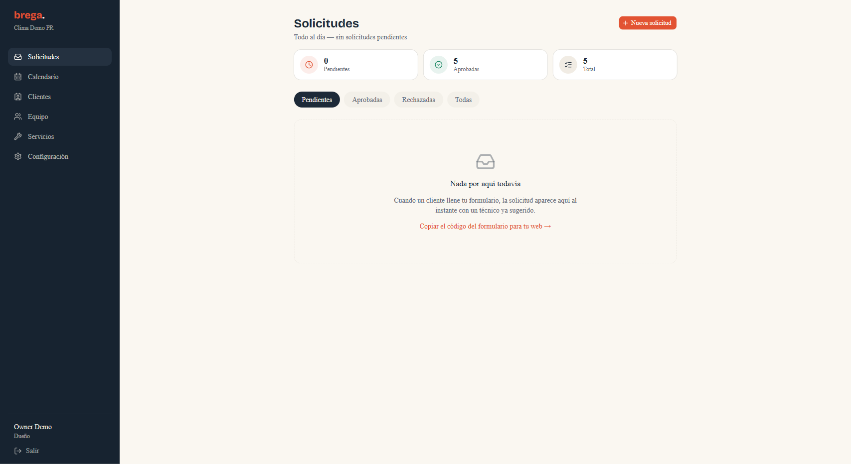Dashboard real de Brega mostrando la bandeja de solicitudes